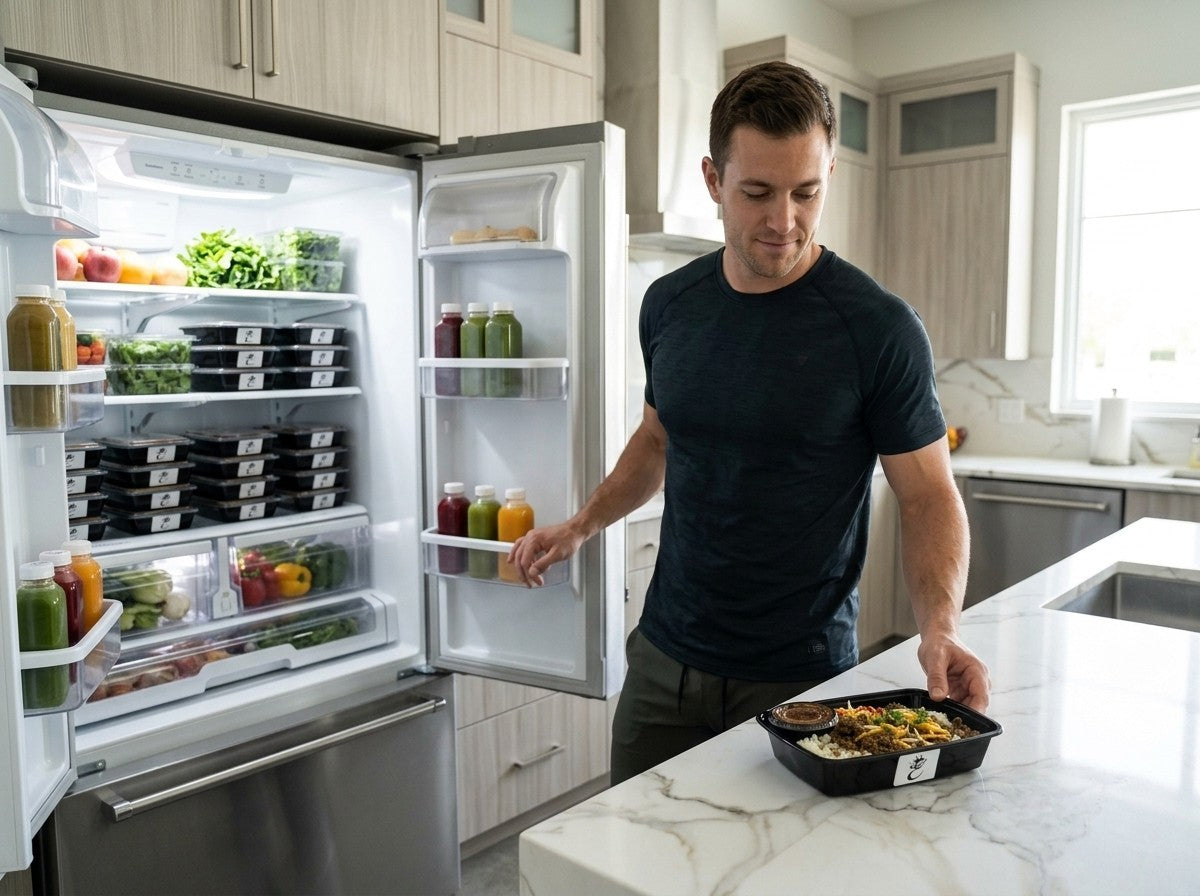 Man setting an Empire Nutrition meal prep container on a kitchen counter next to a fridge stocked with meals and juices
